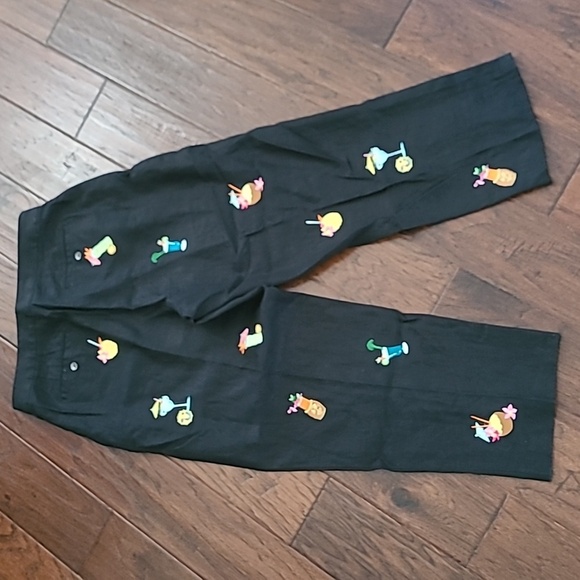 Saint Tropez West Black Linen Pants with Colorful Embroidered Cocktails size 10 - Picture 2 of 12